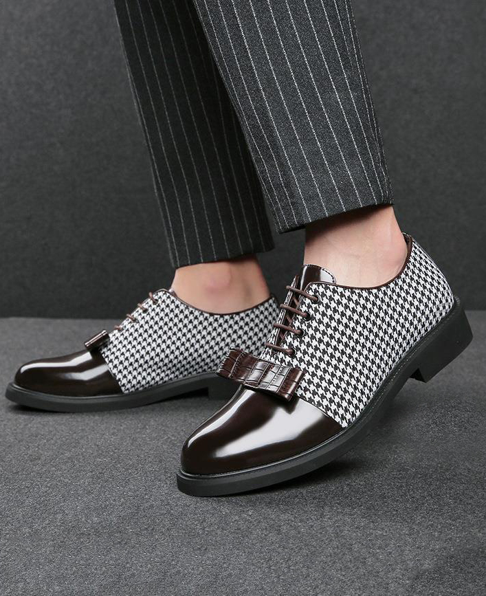 Elegant Houndstooth Bow Decor Strappy Spliced Dress Shoes