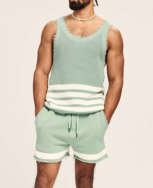 Fashion Plain Calico Sleeveless Jagged Hem Loose Tank Top & Drawstring Shorts 2Pcs Set